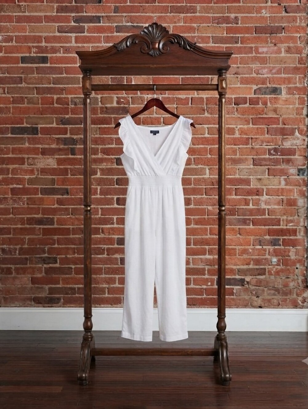 J GEE womens Smocked-Waist White Ruffle-Sleeve Jumpsuit Size L